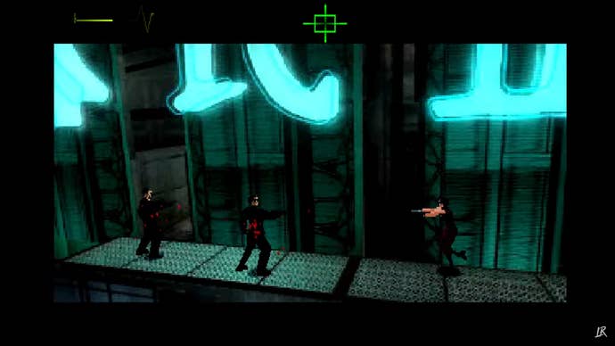 Hana guns down some bad dudes in Fear Effect