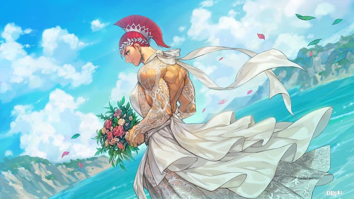 Marisa in Street Fighter 6. She wears a wedding dress along with her Roman helmet and holds a bouquet of flowers.