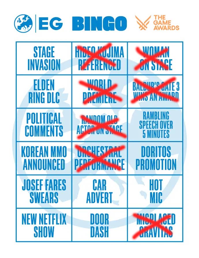 Our crossed out bingo card. Most of the slots weren’t checked off.
