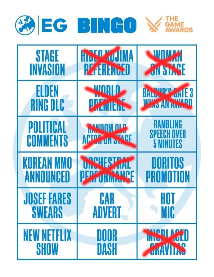 Our crossed out bingo card. Most of the slots weren't checked off.