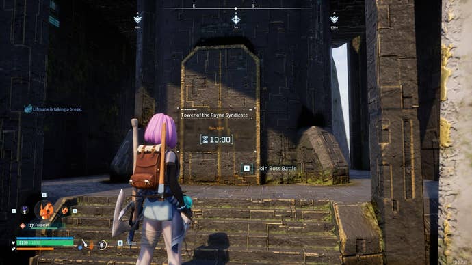 The player faces the door of Rayne's Syndicate Tower in Palworld