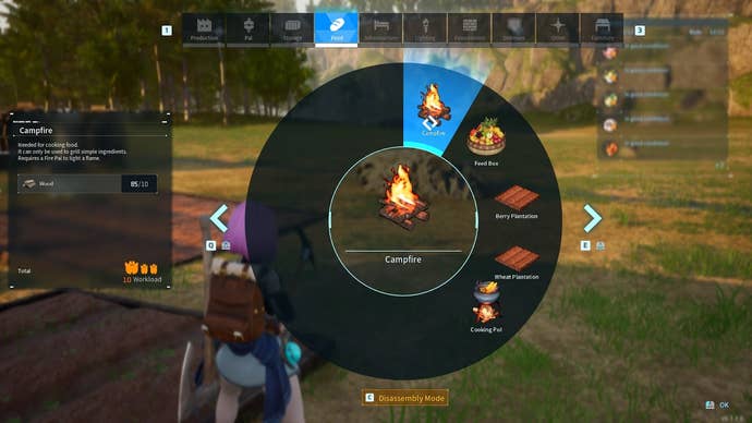 The player looks at the crafting recipe for a Campfire in the Build menu in Palworld