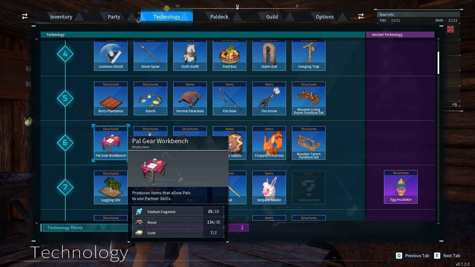The recipe for the Pal Gear Workbench is shown in the Technology Tree menu in Palworld - 3
