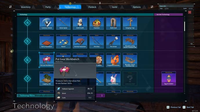 The recipe for the Pal Gear Workbench is shown in the Technology Tree menu in Palworld