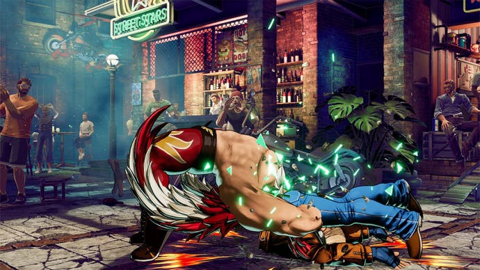 Fatal Fury: City of the Wolves screenshot showing the pro wrestler character Tizoc performing a suplex on Terry Bogard in a city street