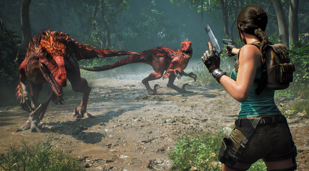 Lara shooting at dinosaurs in Tomb Raider: Legacy of Atlantis