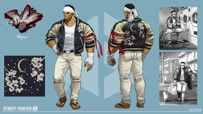 Ryu in his boulevard garments in Facet toll road Fighter 6. This appears to be a mood board for the persona.