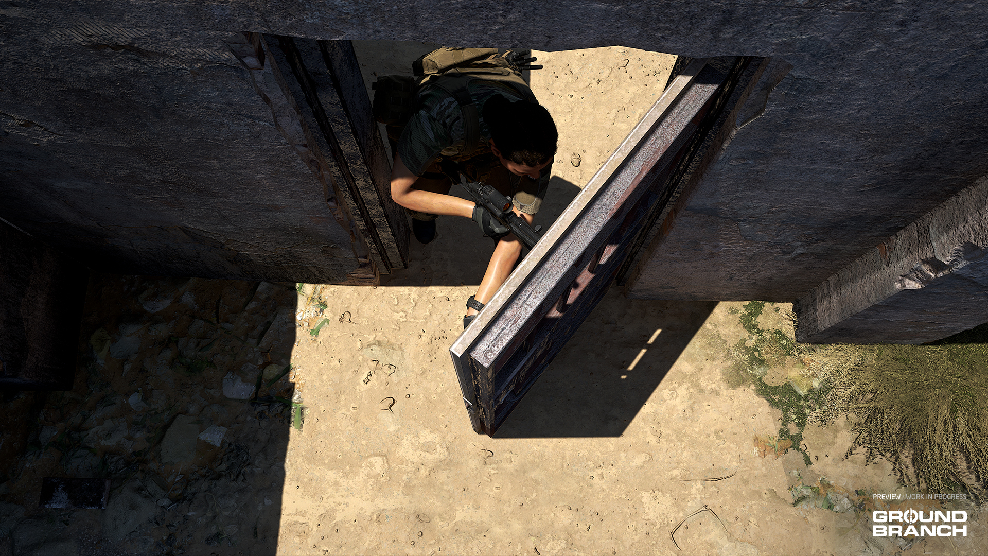 A soldier opens a door (tactically) in Ground Branch