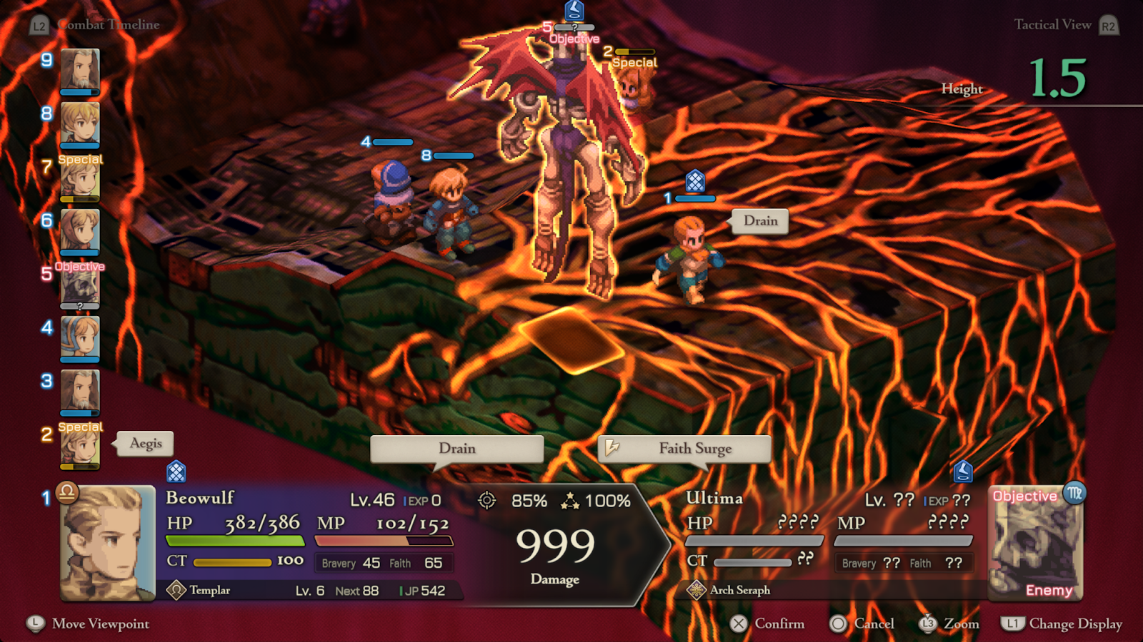 Final Fantasy Tactics: The Ivalice Chronicles screenshot showing your squad battling a giant demon on lava-stricken land