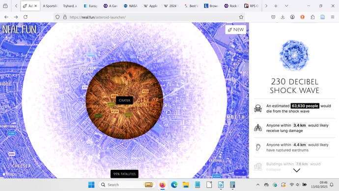 A web page for Neal.fun’s Asteroid Launcher, showing the effects of an asteroid impact on the Earth’s surface
