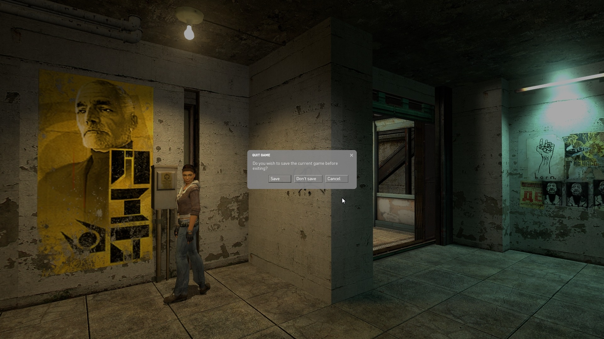 The 'Quit Game' window popping up in Half-Life 2.