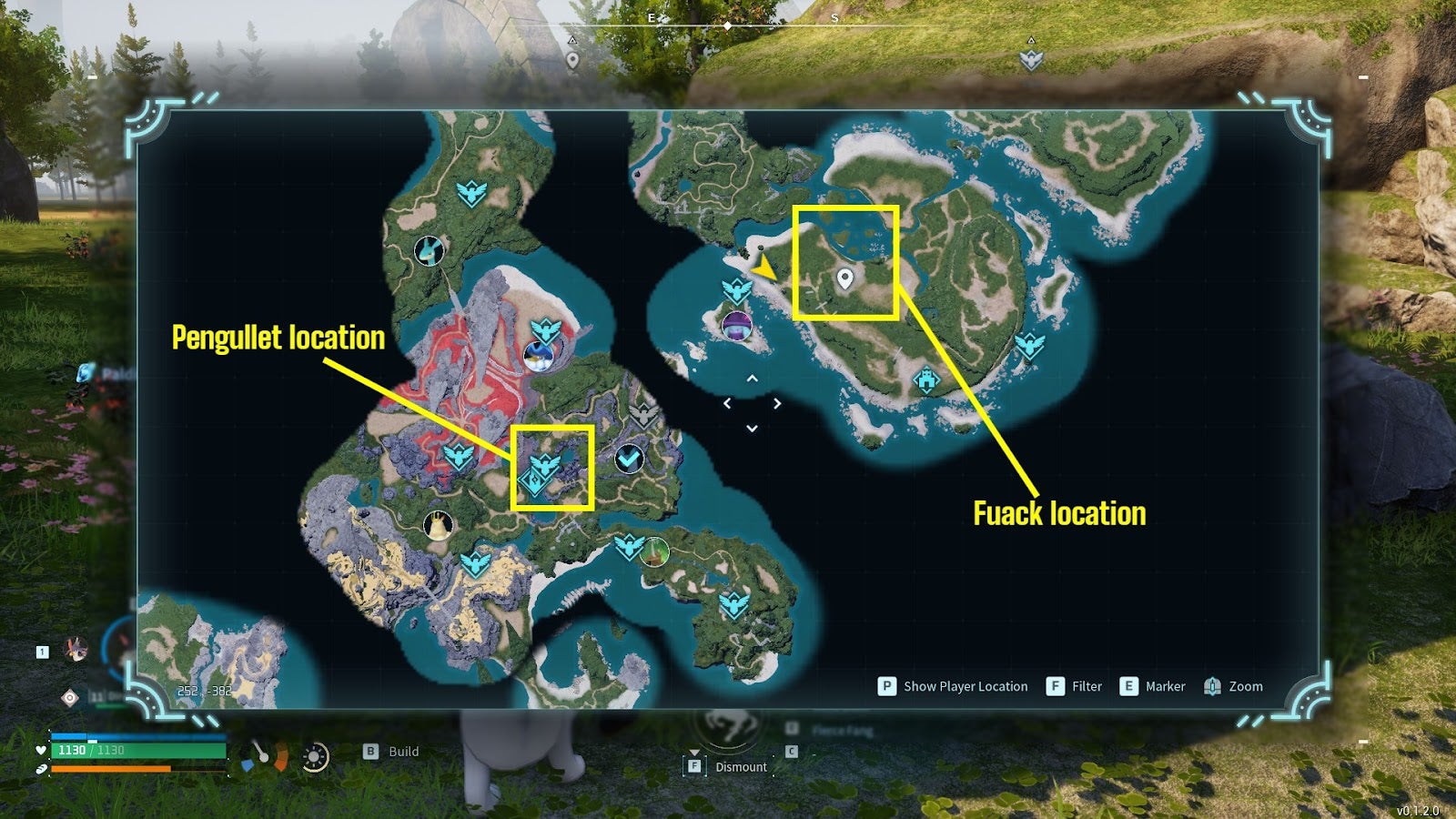 A map of the Palpagos Islands in Palworld with the locations of Pengullet and Fuack labelled - 3