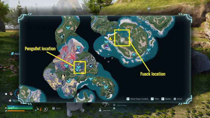 A map of the Palpagos Islands in Palworld with the locations of Pengullet and Fuack labelled
