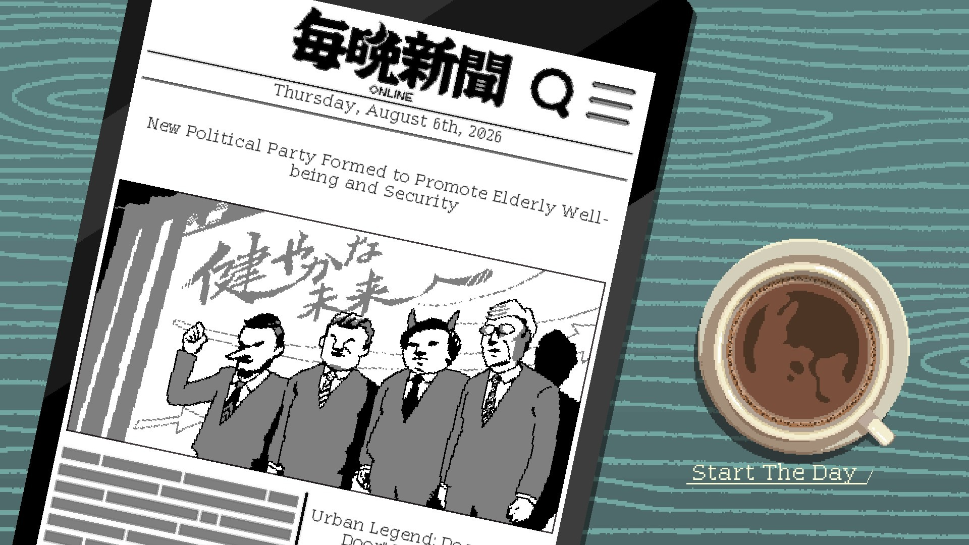 A smartphone displays a newpaper article in Coffee Talk Tokyo.