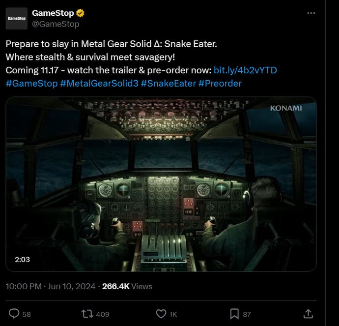 X social post from GameStop showing Metal Gear Solid Delta: Snake Eater release date