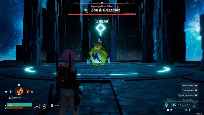 The player looks toward Zoe and Grizzbolt in Rayne's Syndicate Tower in Palworld