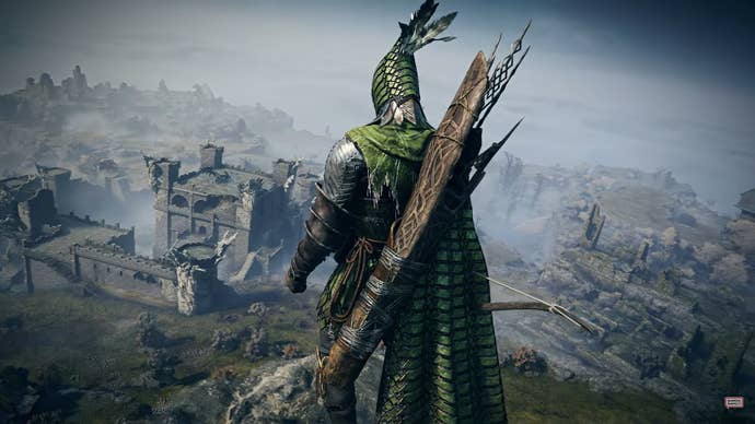 Screenshot of Ironeye from Elden Ring Nightreign, a bow-wielding character in green armour seen from behind