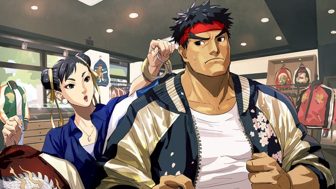 Chun Li and Ryu in a garments store in Facet toll road Fighter 6. Ryu appears to be unhappy.