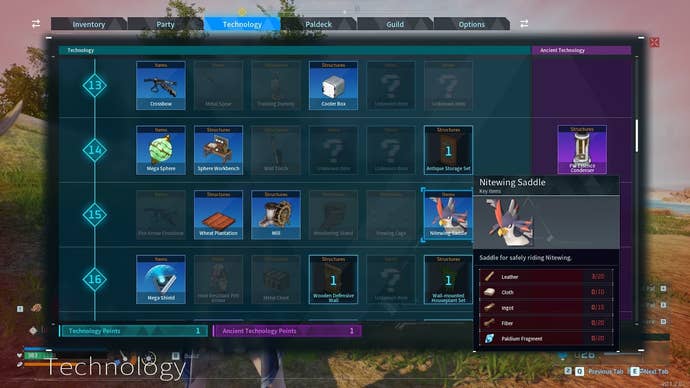 The recipe for the Nitewing Saddle is shown in the Technology Tree menu in Palworld
