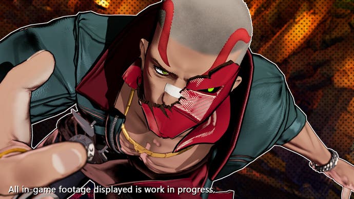 Captura de tela de Fatal Fury: City of the Wolves mostrando Vox Reaper posando com uma máscara quebrada no rosto