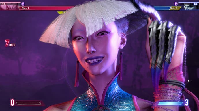 A.K.I. in Street Fighter 6, a poison master with a dramatic sharp-edged haircut and sharp nails.