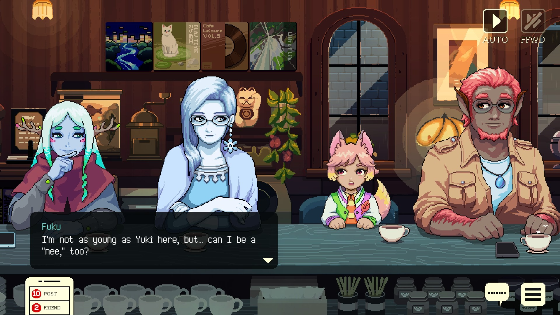 Four youkai chat at a cafe counter in Coffee Talk Tokyo.