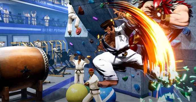 Captura de tela de Fatal Fury: City of the Wolves mostrando Marco Rodrigues chutando Tizoc no ar em uma academia de escalada