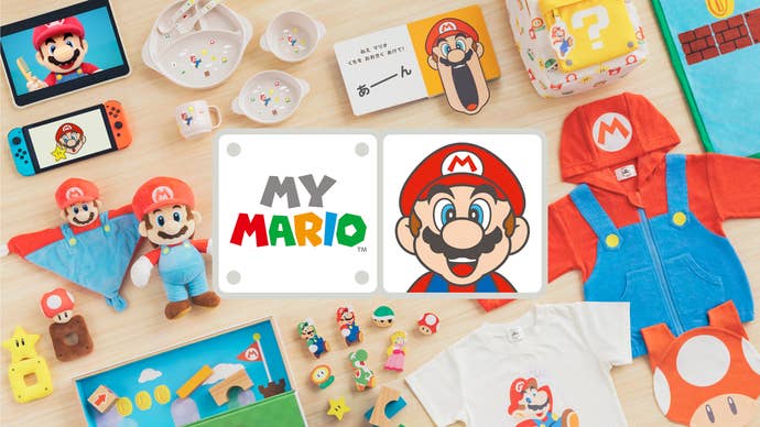 Promotional image showing Nintendo's new My Mario range, including baby and toddler-friendly books, clothing, toys, rattles, bowls, and more.