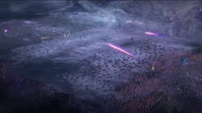 A wide shot of two huge armies racing towards one another in the cinematic trailer for Total War Warhammer 3’s Immortal Empires