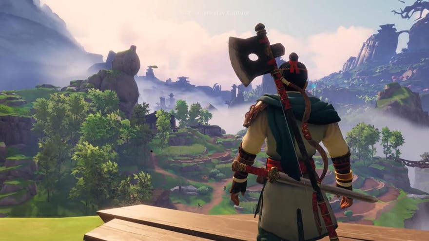 Immortals Fenyx Rising Eastern Realm DLC - Ku looks out over a valley, carrying an axe and sword.