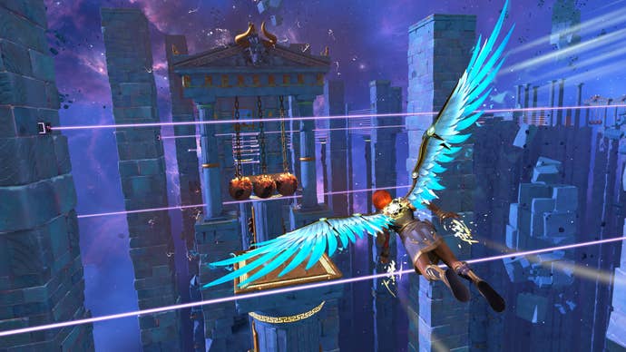 Fenyx flies through an underworld dungeon in Immortals Fenyx Rising.