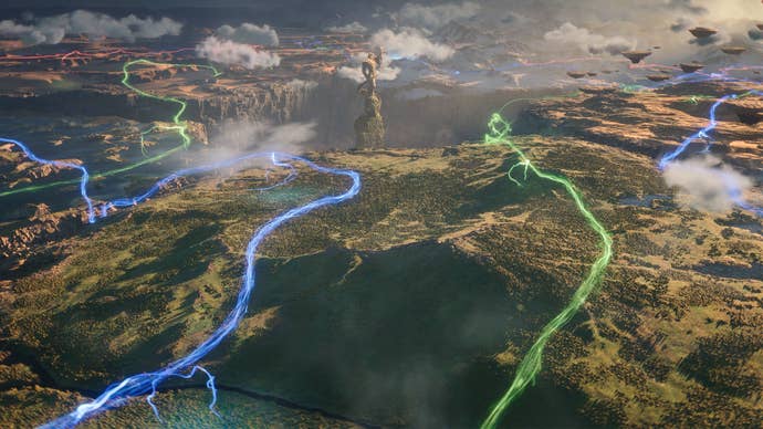 A wide shot of The Wound, a huge hole in the ground in the world of Aveum, setting for Immortals Of Aveum. The land around is threaded with huge ley lines of different coloured magic.