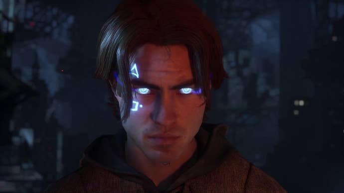 Jak, protagonist of Immortals Of Aveum, get’s all cross and his face tattoo and eyes are glowing blue