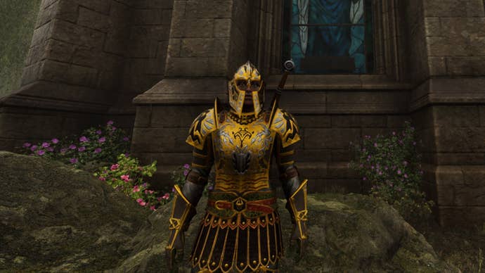 A female character wears an Imperial Dragon Armor set in The Elder Scrolls IV: Oblivion Remastered.