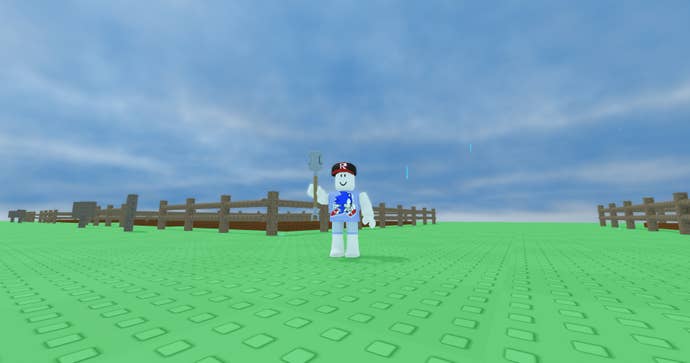A player stands in the rain holding a shovel in Grow A Garden.