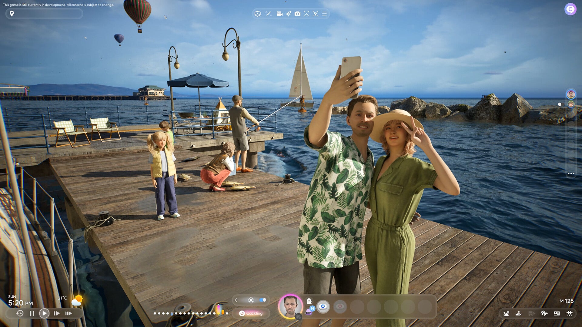 Two people posing and taking pictures on the pier in life sim Inzoi