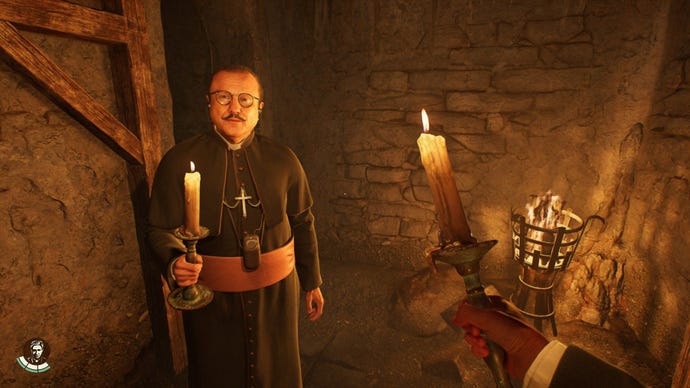Father Antonio holds a candlestick in a secret room at the Vatican.