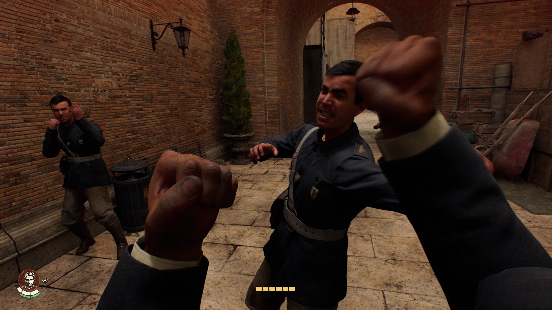 The player guards and parries a punch from an Italian fascist. - 6