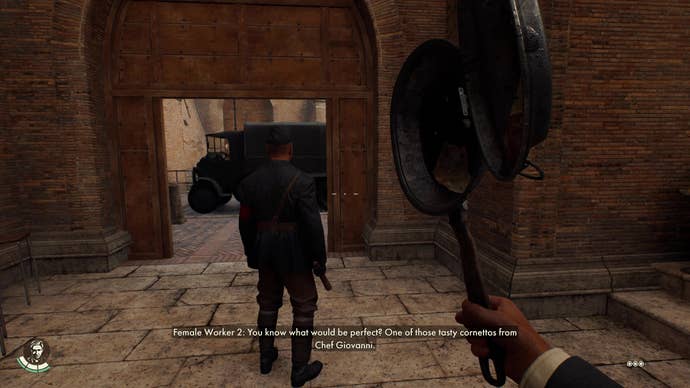 Indy approaches a fascist guard from behind with a grill pan in hand in Indiana Jones and the Great Circle.