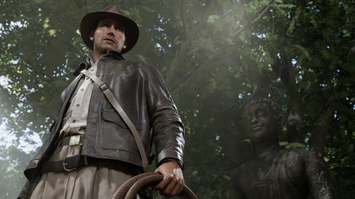 Indiana Jones and the Great Circle Steam Promo Art under a photo of Indiana near the statue in the jungle