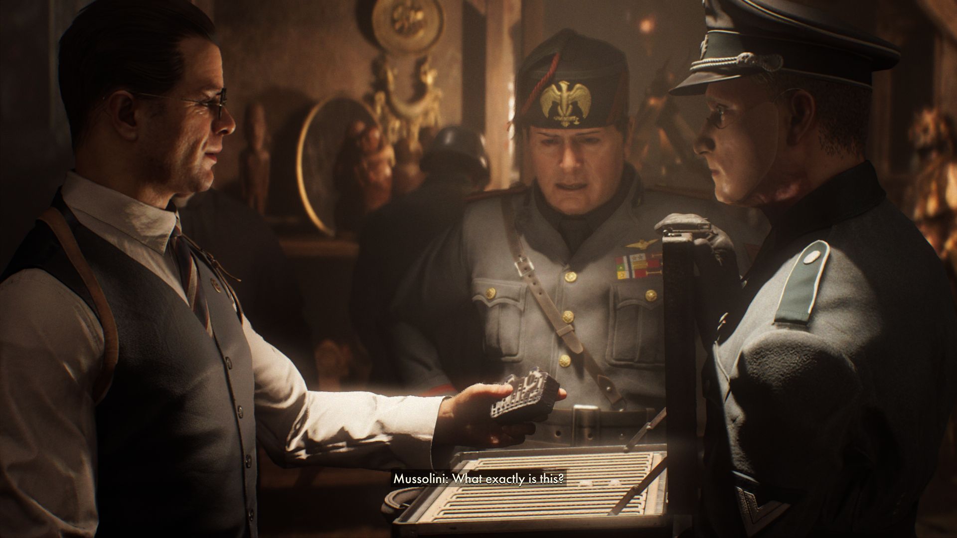 Voss places a stone tablet into a suitcase as Mussolini looks on. - 4