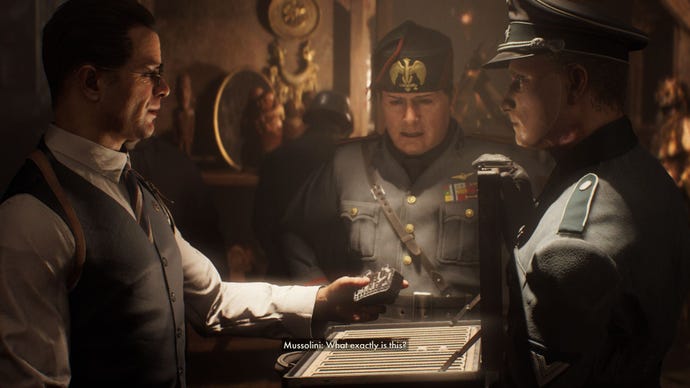 Voss places a stone tablet into a suitcase as Mussolini looks on.