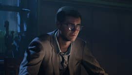 Indiana Jones in The Great Circle, wearing his Marshall College clothes and looking through a crack in a door at night