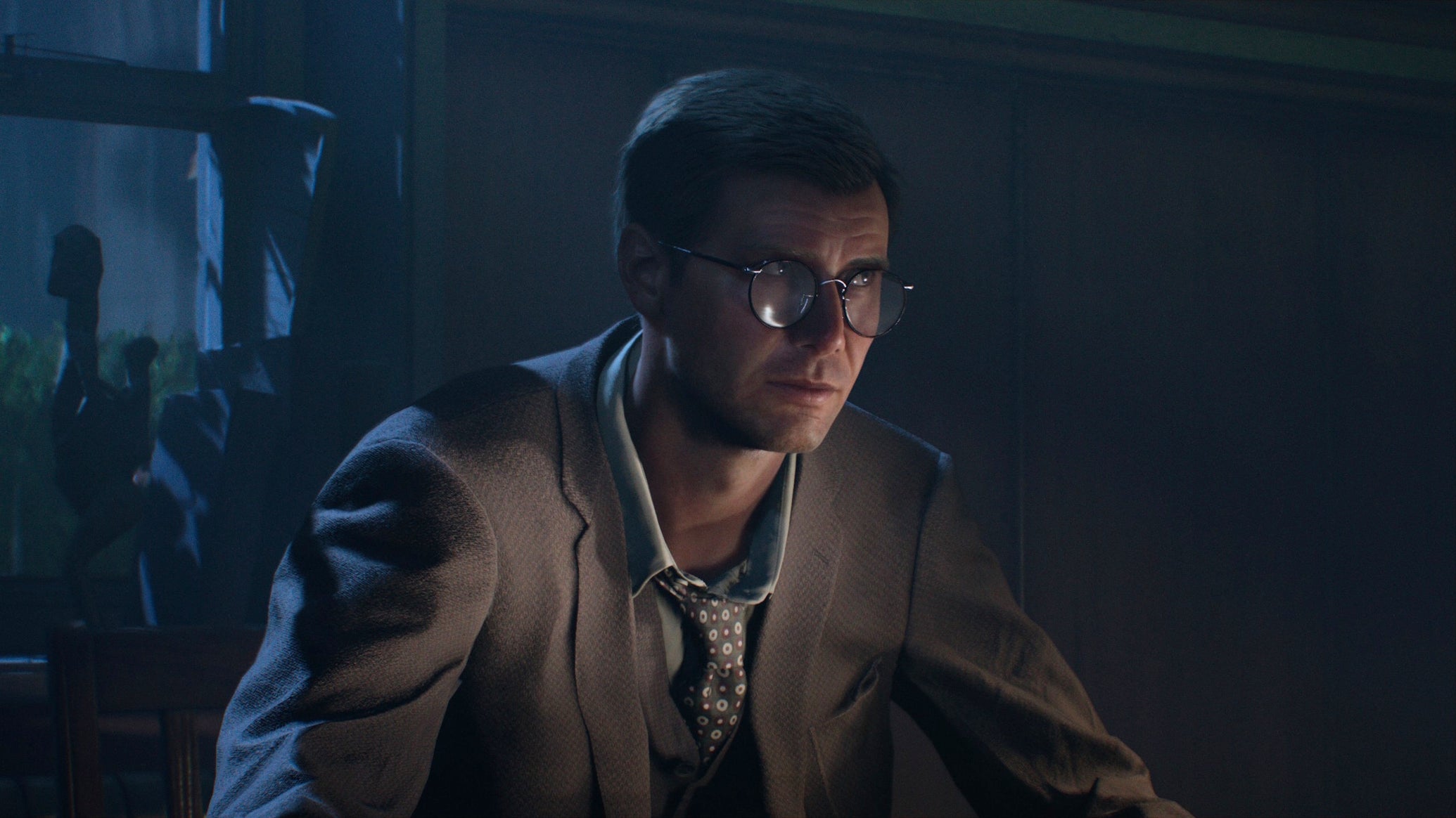 Indiana Jones in The Great Circle, wearing his Marshall College clothes and looking through a crack in a door at night - 1