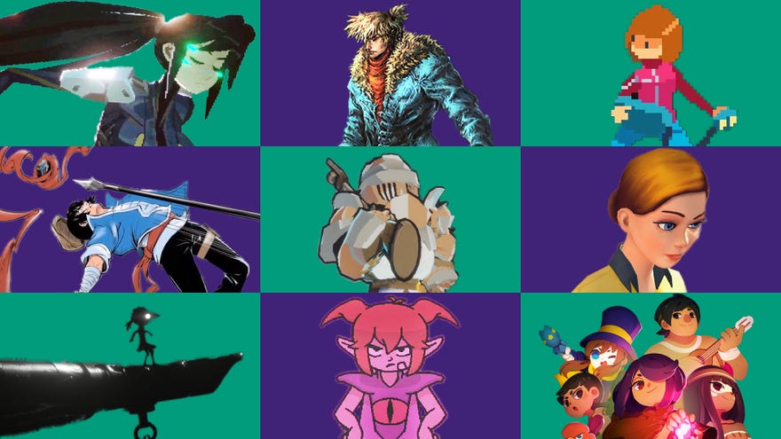 Characters from Anno: Mutationem, There Is No Light, Jack Move, The Legend Of Tianding, Tower Princess, Crowns and Pawns, White Shadows, Demon Turf and Tunche on a green and purple chequered background