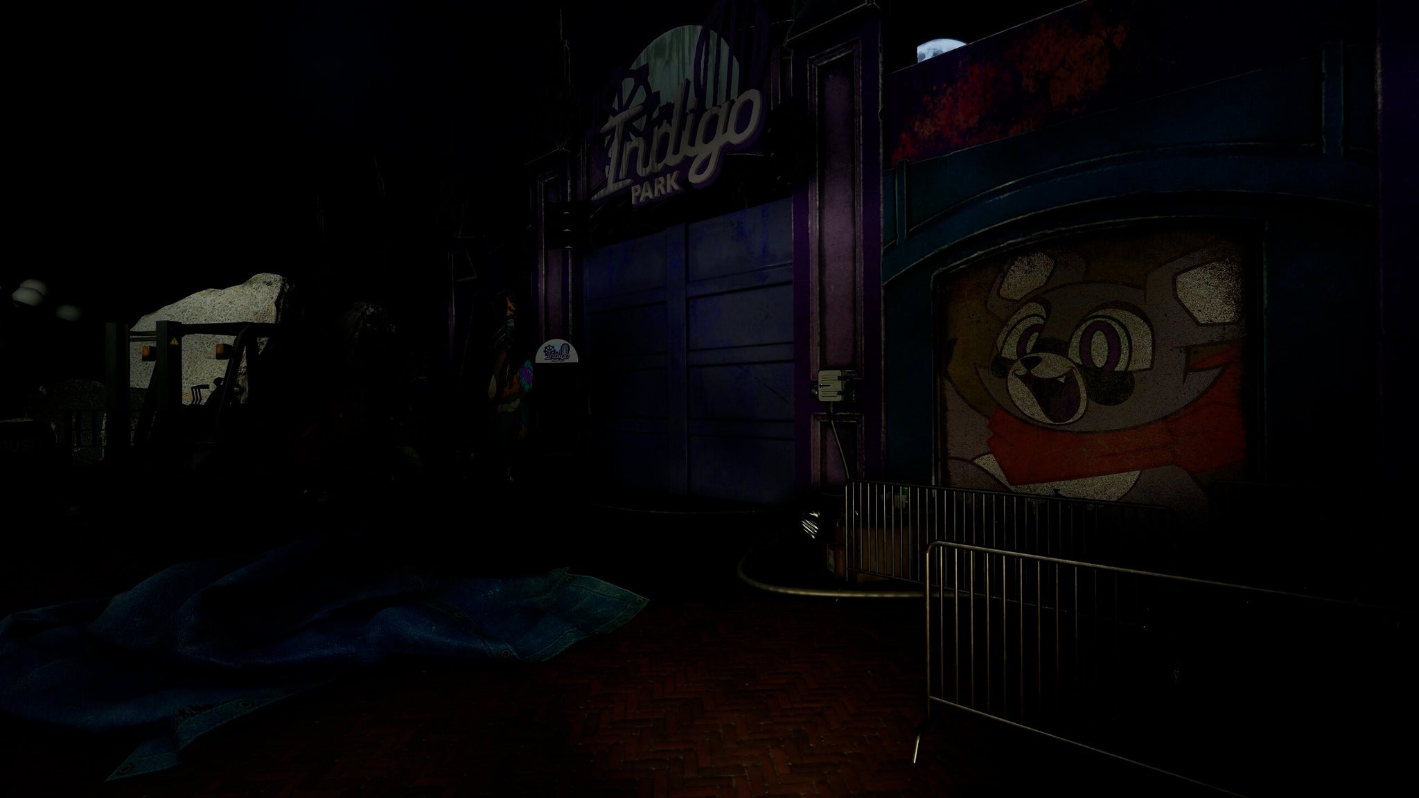 A grim and dark entrance to an abandoned theme park, with a decal of the park's raccoon mascot visible in the foreground. - 31