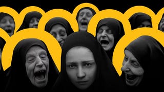 Indika promo image showing Indika's face, centre, in a black hood, surrounded by laughing elderly nuns with gold-yellow halos