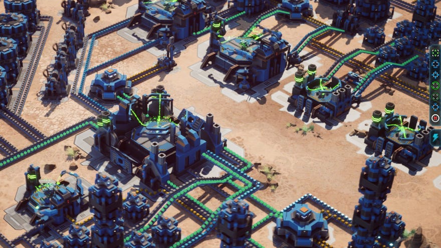 Factories and conveyor belts on a sandy planet in Industrial Annihilation.