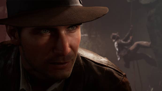 Foreground: Indiana Jones leans into the frame, clearly observing something. Background: a blurred Indy climbs a wall