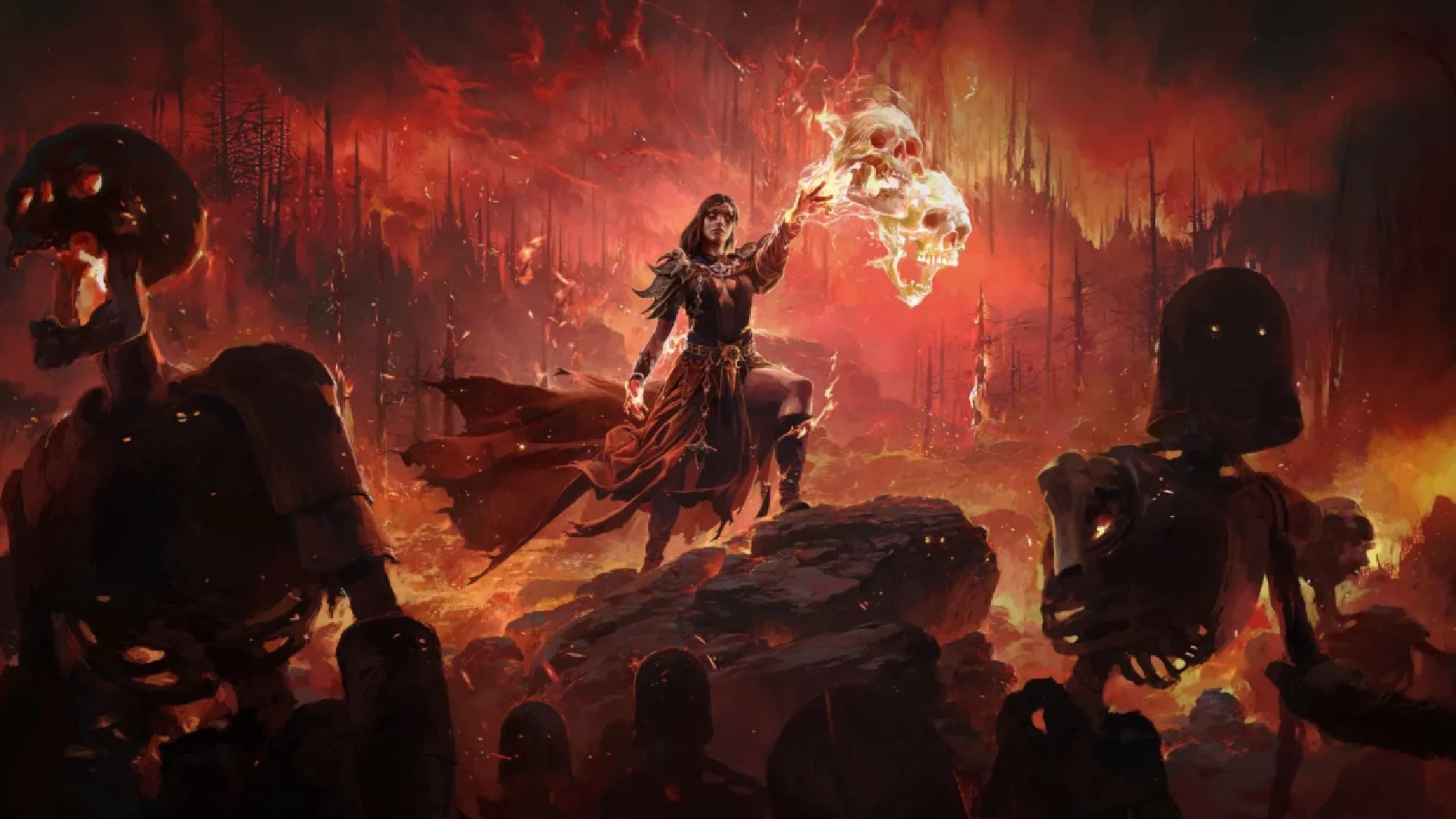 Artwork from Path of Exile 2 showing the Infernalist Witch as she summons flaming skulls and stands before an army of fiery skeletons. - 3